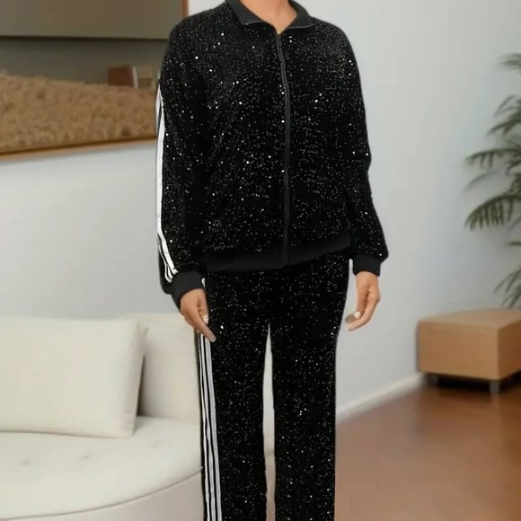 All Over Glitter Sequin Full Zip Jacket and Straight Leg Pant Tracksuit - Picture 1 of 4